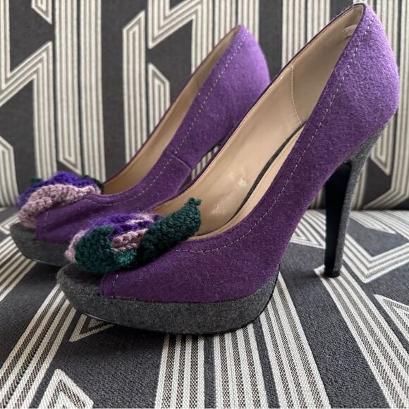 Primadonna Vera Pelle Purple Felt Wool Crochet Floral Peep Toe Pumps Size 10 - Picture 3 of 16